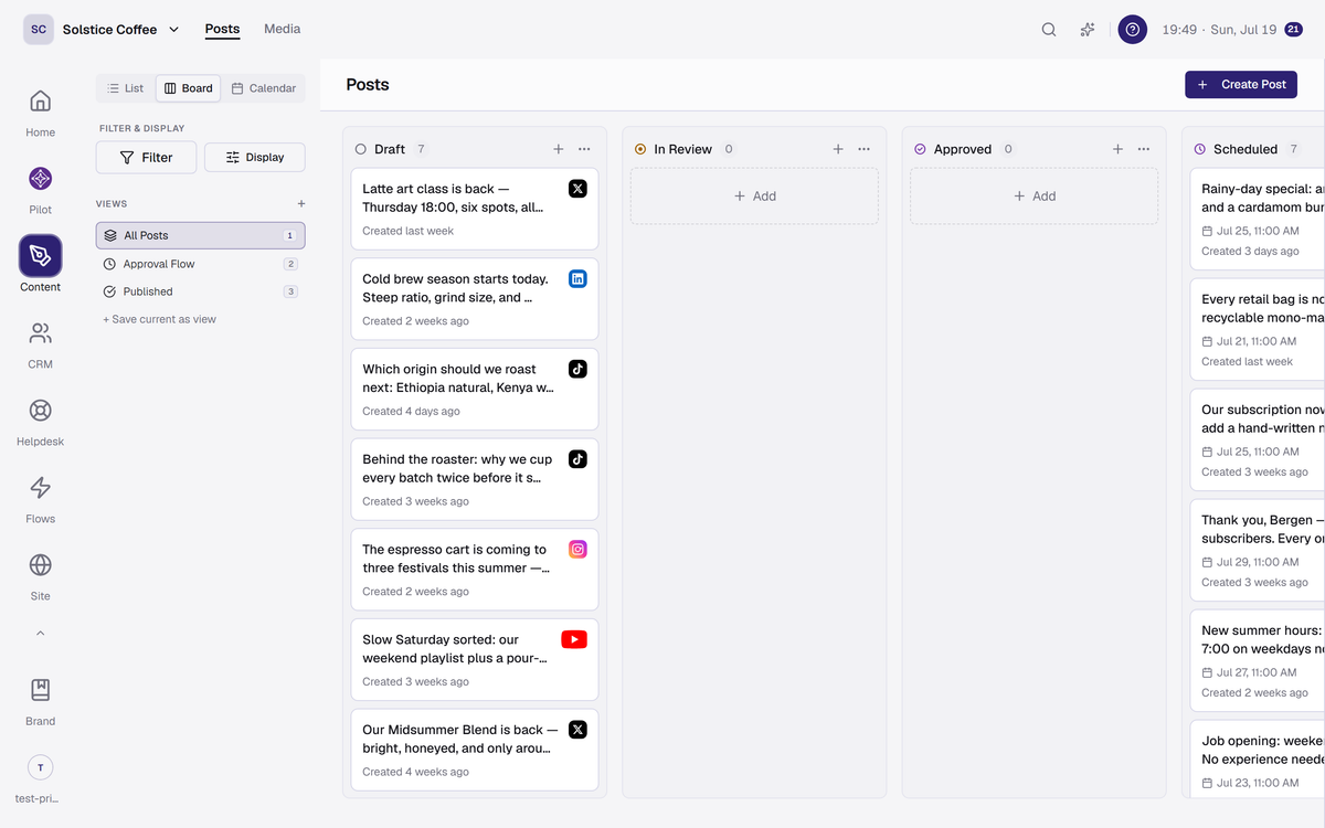 The Posts board view with posts grouped into status columns from Draft to Published.