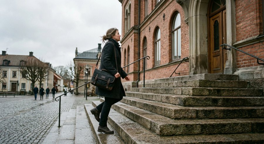 Kvinna med axelväska går uppför en granittrappa mot en tegelbyggnad i en svensk småstad