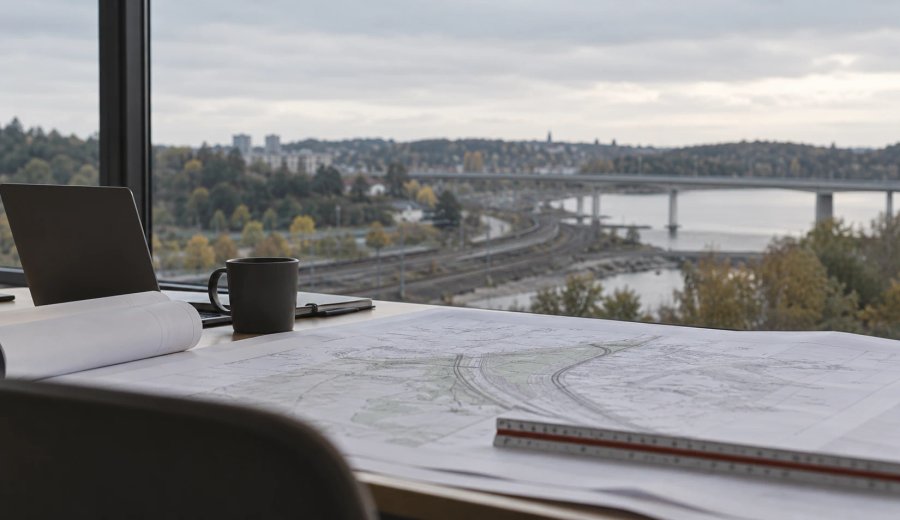 Ritningar på ett skrivbord framför ett fönster med utsikt över bro och vatten
