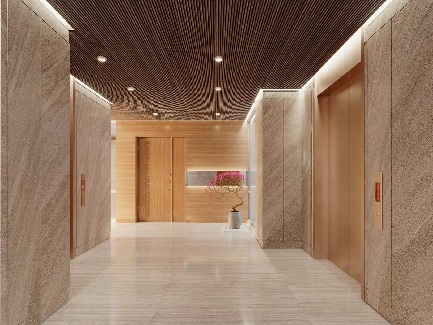 Residential building lobby with elevators