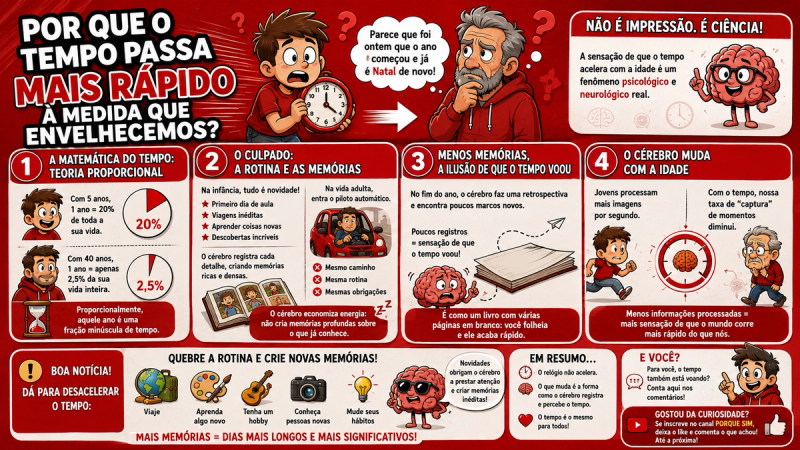 Infográfico ilustrado explicando por que o tempo parece passar mais rápido com a idade, comparando uma criança e um adulto e mostrando gráficos de proporção e um cérebro.