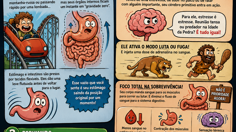 Infográfico ilustrado explicando por que sentimos frio na barriga, com um personagem na montanha-russa e representações do estômago e do cérebro.
