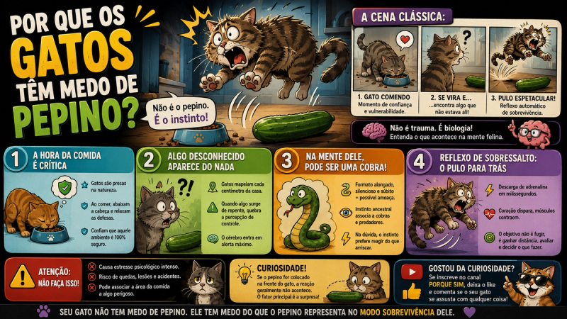 Infográfico ilustrado explicando por que os gatos têm medo de pepino, com um gato pulando assustado ao lado do pote de ração e um pepino no chão.