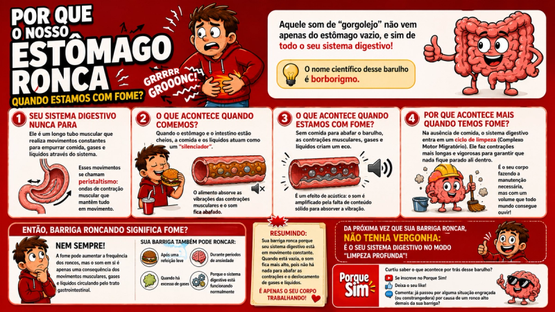 Infográfico ilustrado explicando por que o estômago ronca quando estamos com fome, com desenhos do sistema digestivo e do estômago em movimento.
