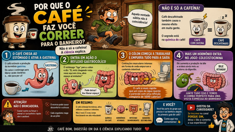 Infográfico ilustrado explicando por que o café dá vontade de ir ao banheiro, com um personagem correndo e representações do estômago, cólon e vesícula.