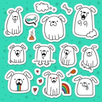 Set of 10 dogs doodle handmade stickers. Dogs with emotions