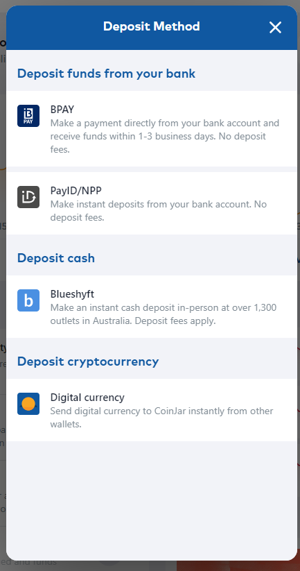 coinjar deposit aud methods