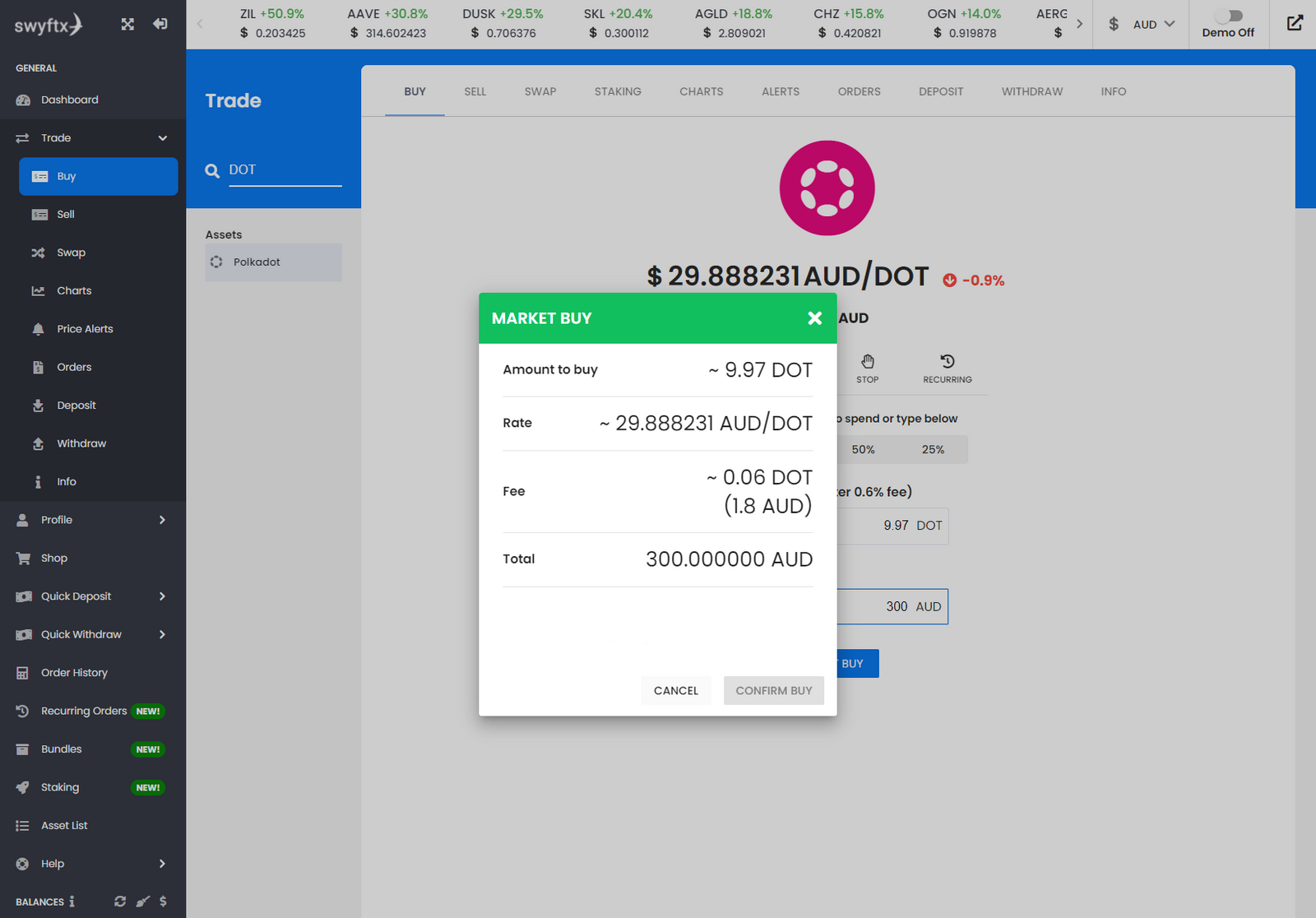 swyftx confirm dot purchase