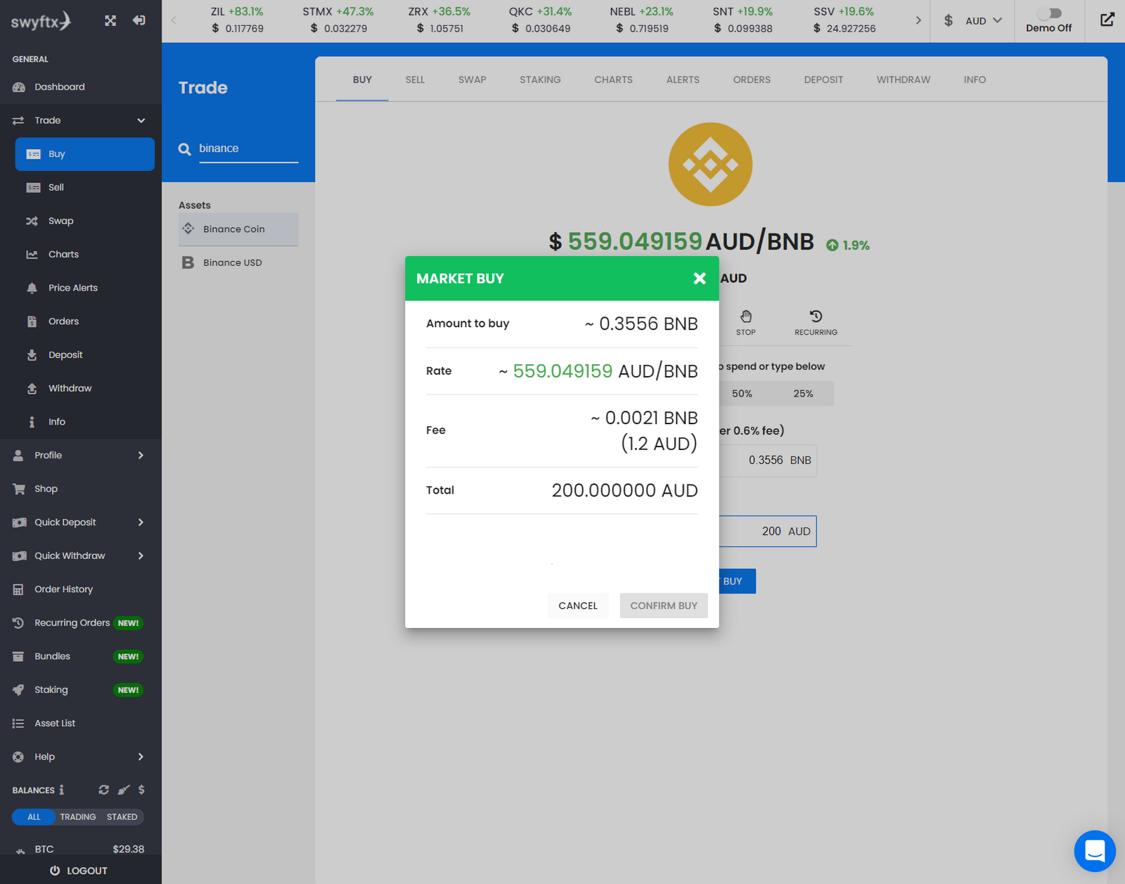 swyftx confirm BNB buy