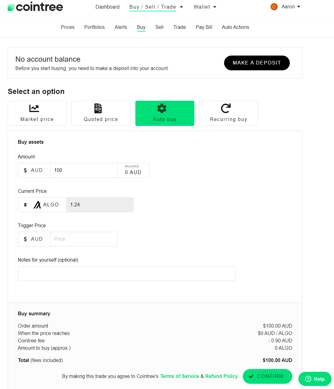 cointree crypto buying interface