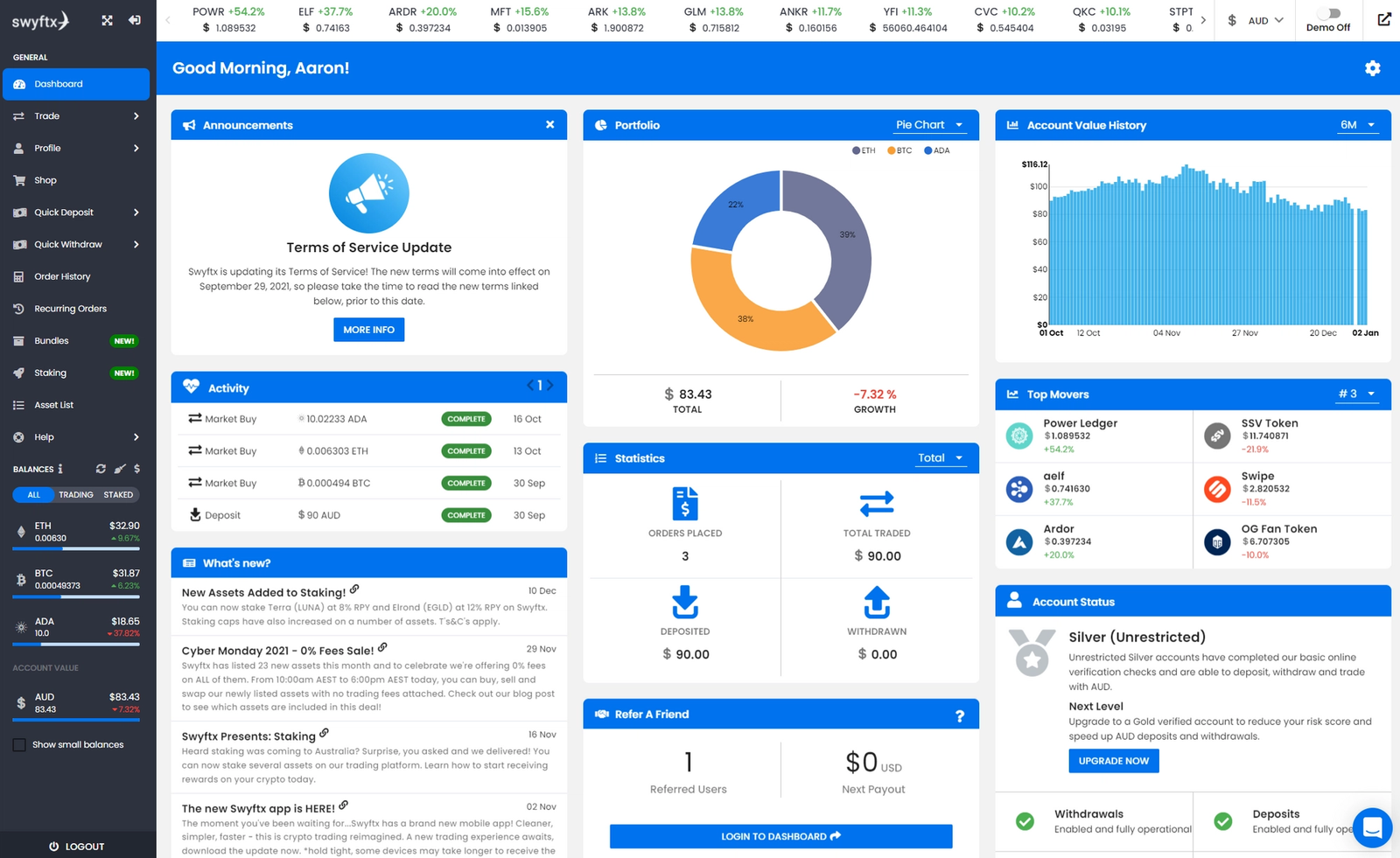 swyftx dashboard