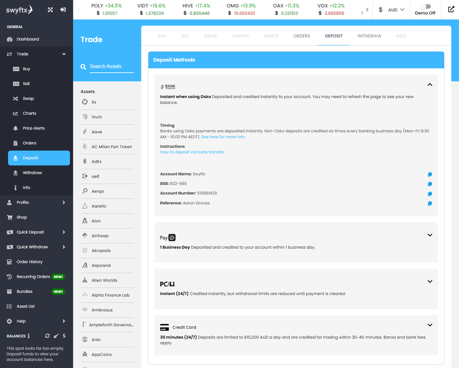 swyftx deposit methods