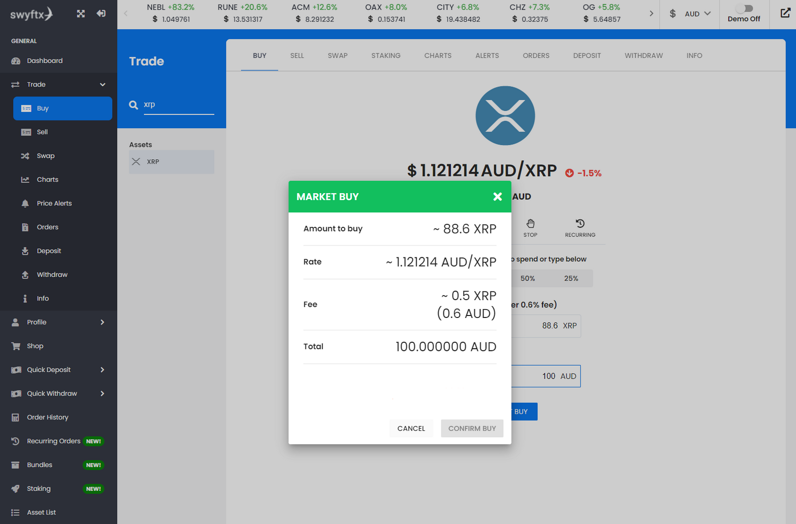 swyftx confirm XRP buy