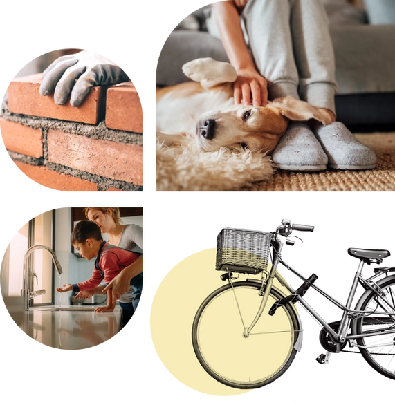a collage of a worker laying bricks, a dog being pet, a child and woman washing their hands, and a bicycle with a basket