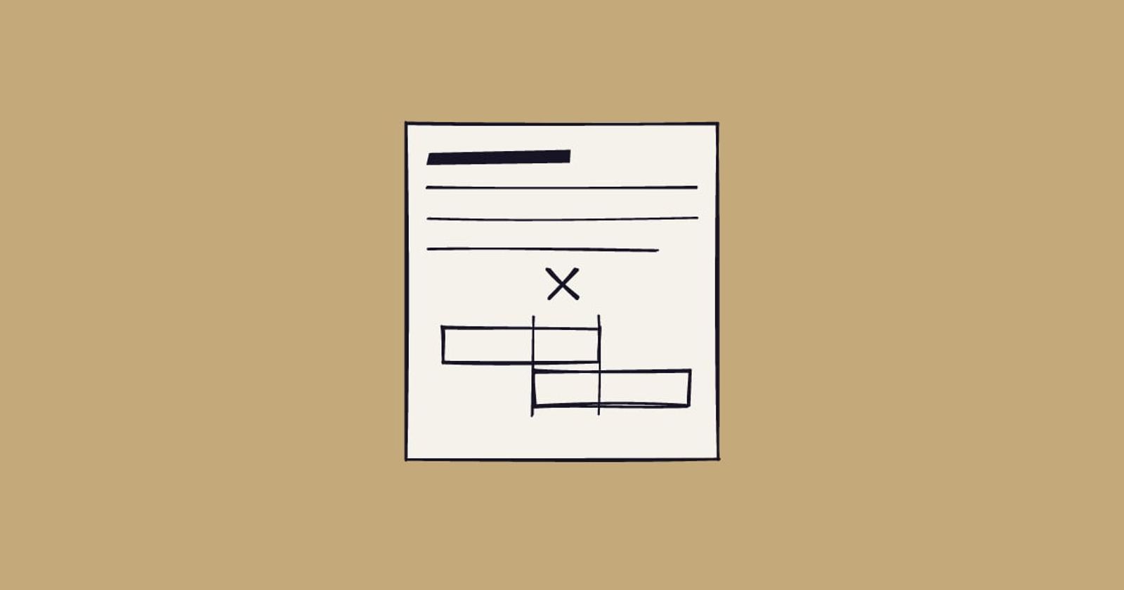 Illustration: a ruled page with two job tenures overlapping on it and a cross drawn above the overlap