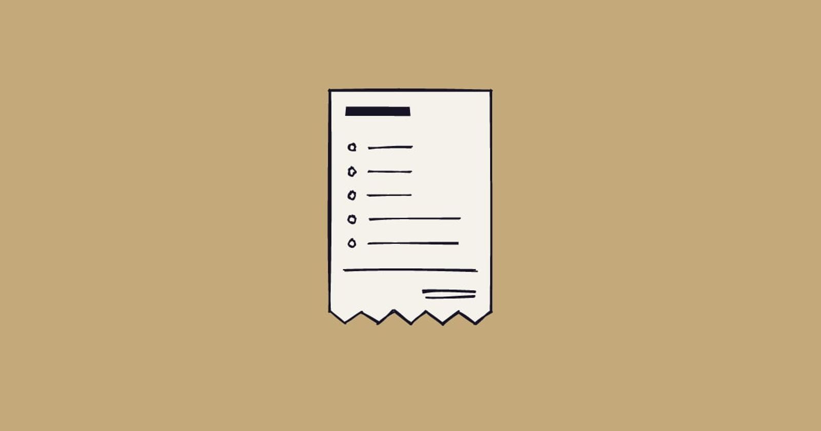 Illustration: a tally slip torn from a roll, five rows of ringed lines and one underlined total