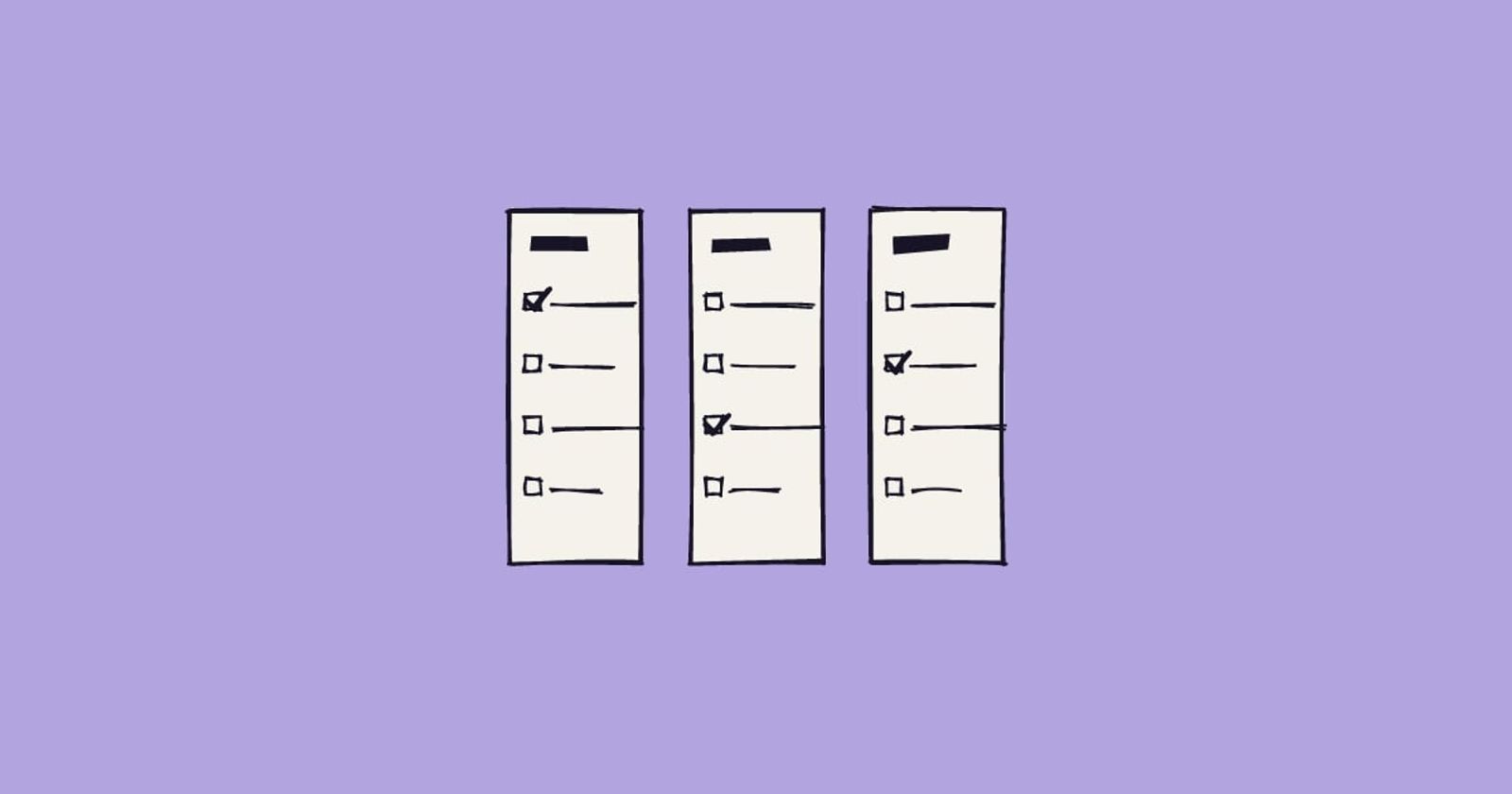 Illustration: three identical checklist sheets side by side, each with its tick on a different row