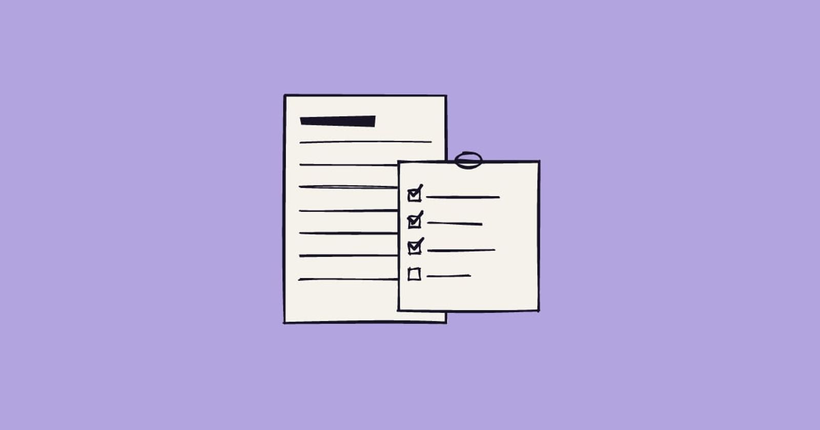 Illustration: a CV sheet with a smaller checklist slip clipped on, three rows ticked and the last box empty
