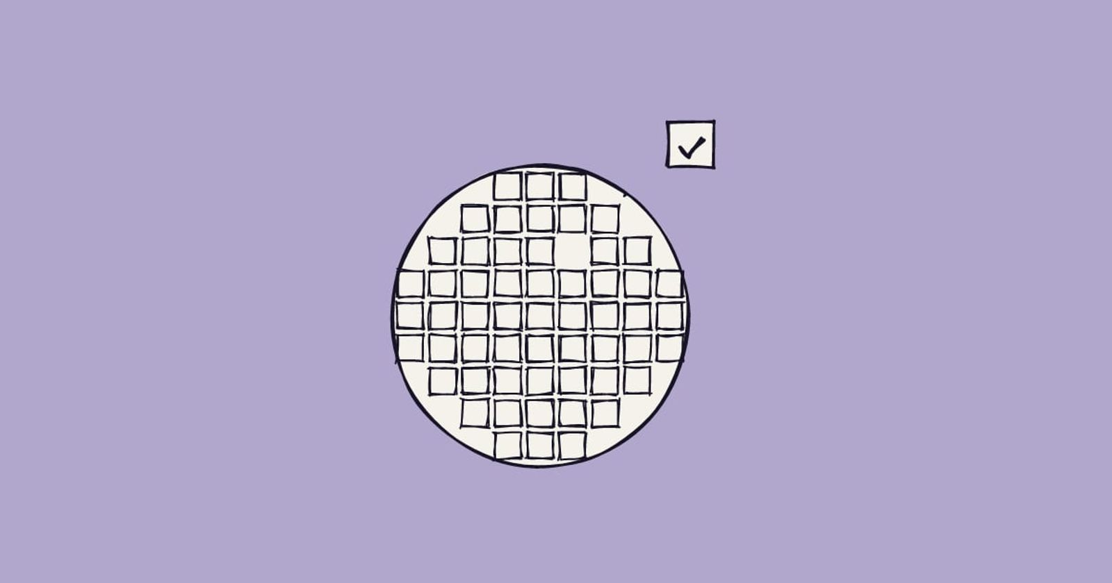 Illustration: a round wafer of identical square dies, with one die lifted out beside it and ticked