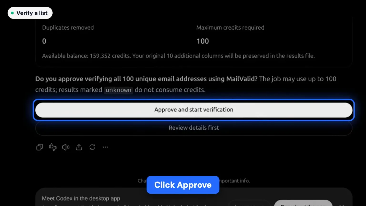Approving a 100-email CSV verification in ChatGPT