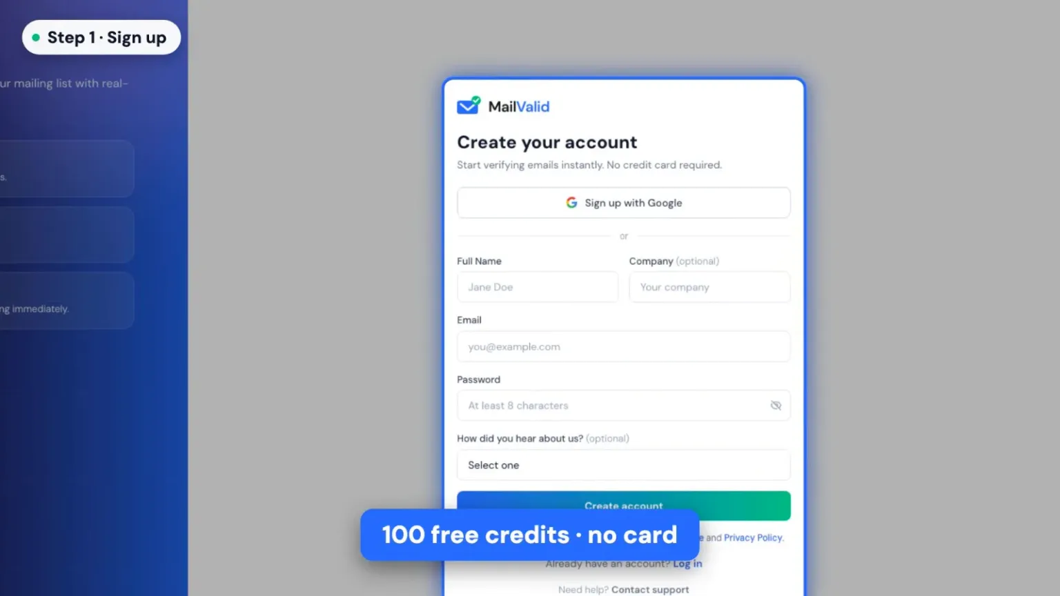 MailValid sign-up page with 100 free credits