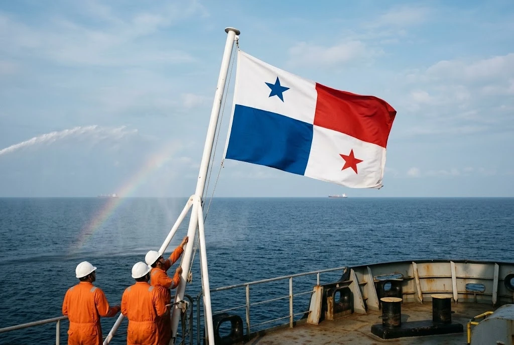 Crew hoisting the Panama flag at the stern of a ship
