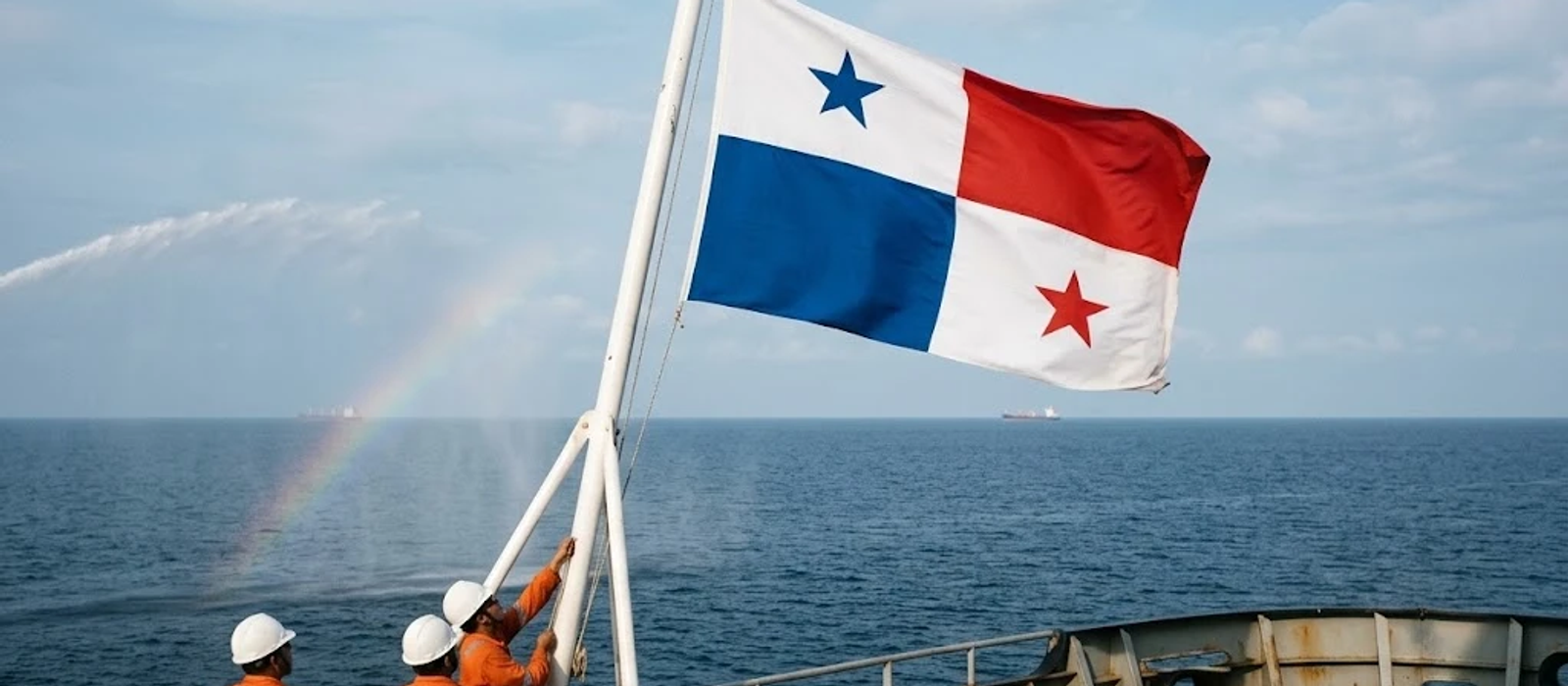 Crew hoisting the Panama flag at the stern of a ship