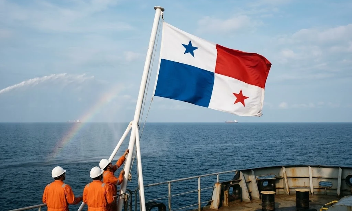 Crew hoisting the Panama flag at the stern of a ship