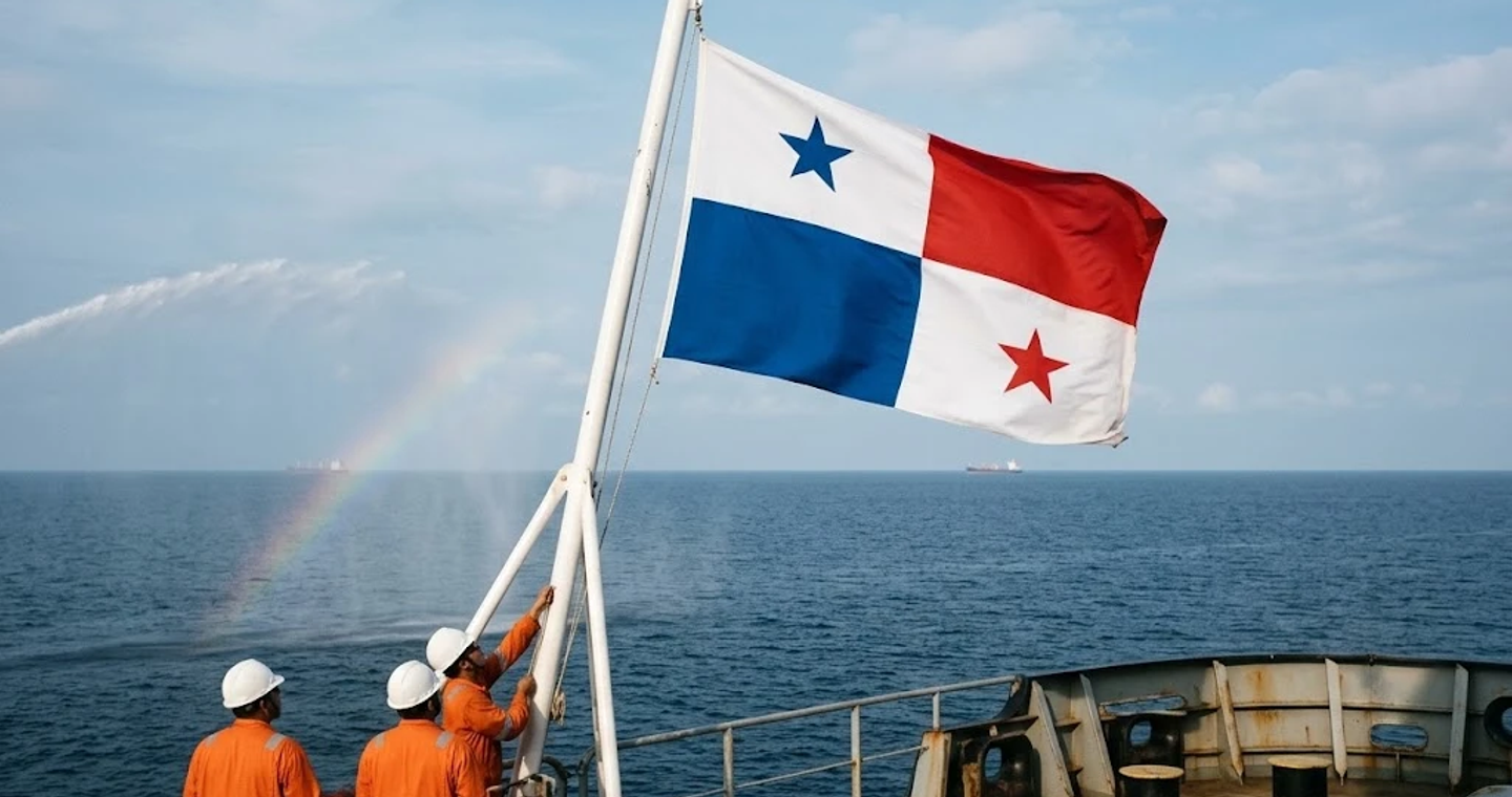 Crew hoisting the Panama flag at the stern of a ship