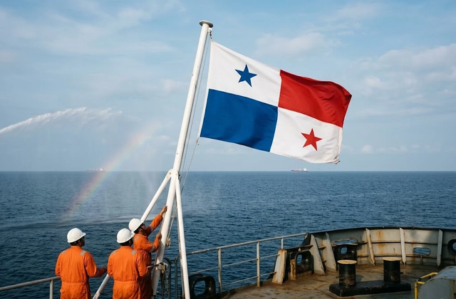 Crew hoisting the Panama flag at the stern of a ship