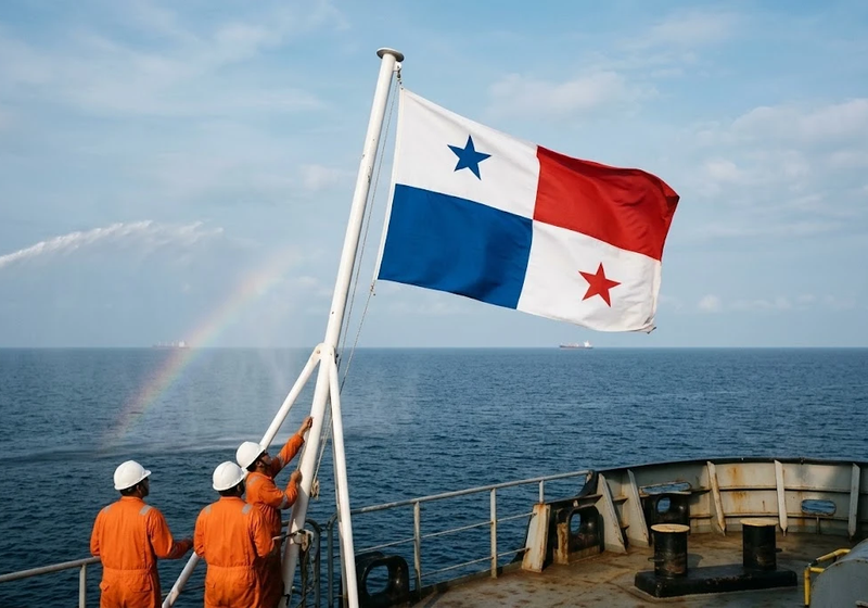 Crew hoisting the Panama flag at the stern of a ship