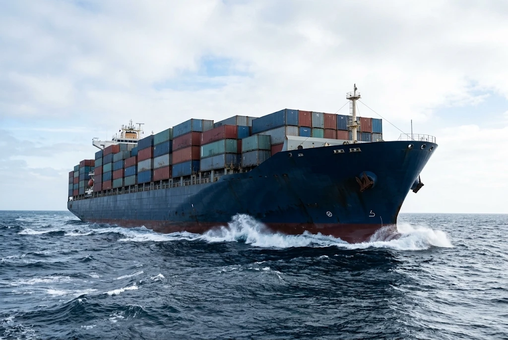 Container ship sailing through rough sea
