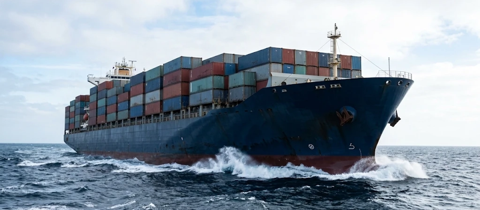 Container ship sailing through rough sea