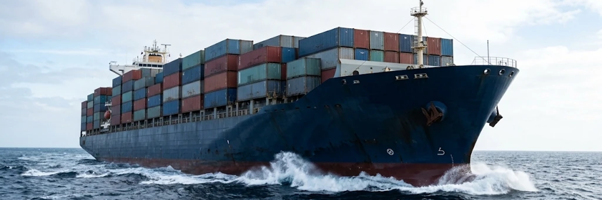 Container ship sailing through rough sea