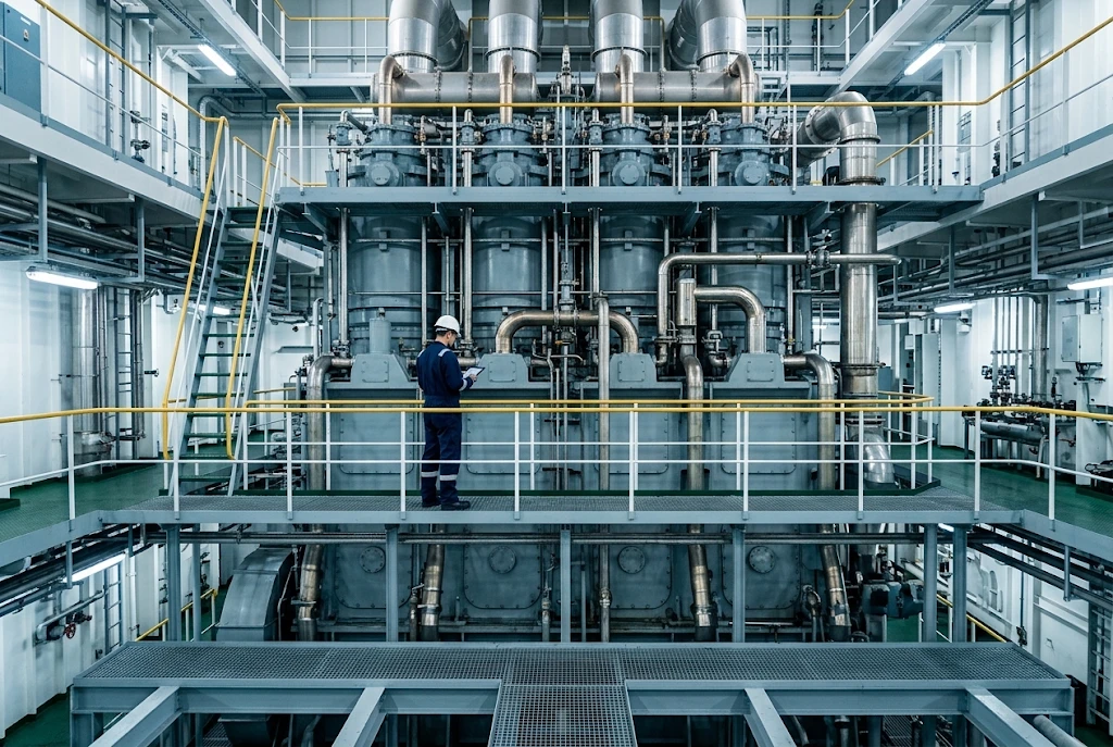 Engineer checking the main engine in a ship engine room