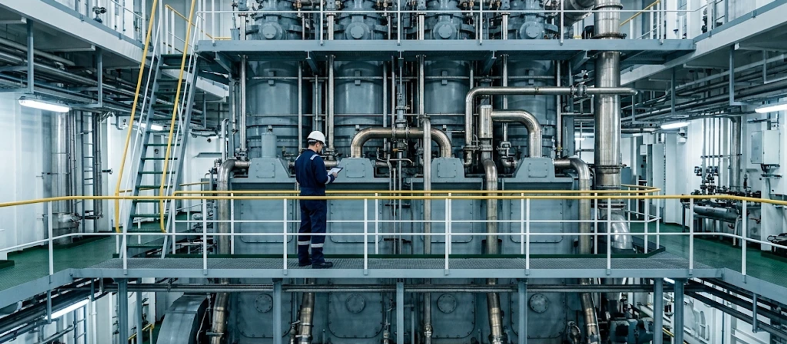 Engineer checking the main engine in a ship engine room