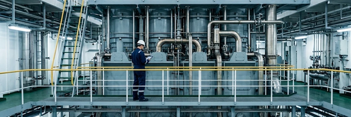 Engineer checking the main engine in a ship engine room