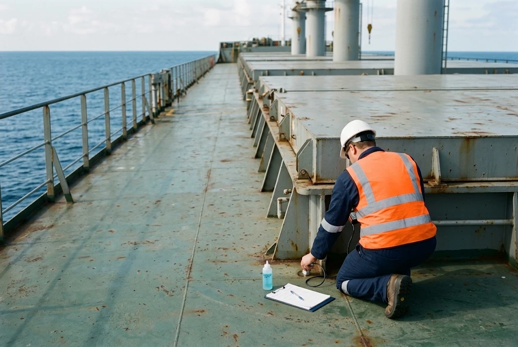 Surveyor taking ultrasonic thickness readings on deck