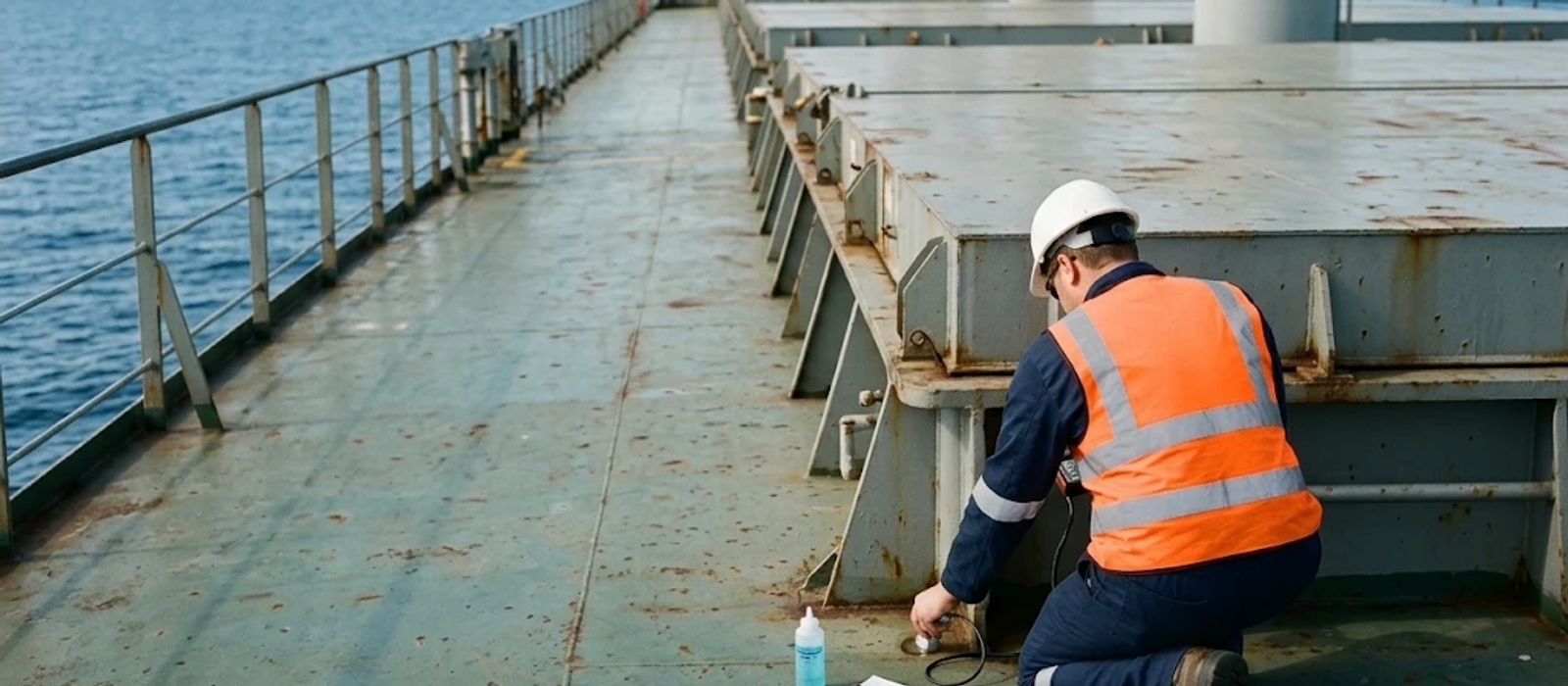 Surveyor taking ultrasonic thickness readings on deck