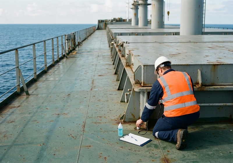 Surveyor taking ultrasonic thickness readings on deck