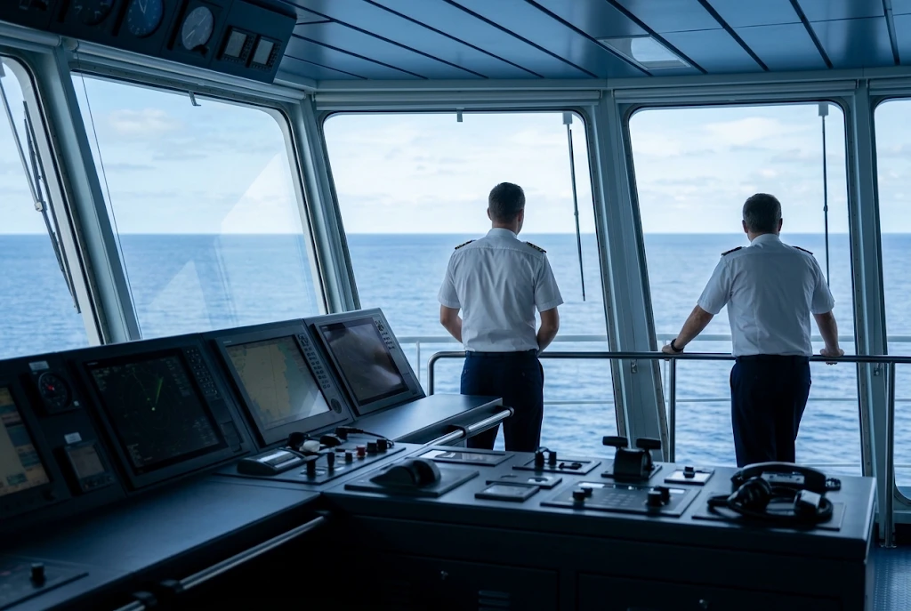 Two officers on the bridge looking out to sea