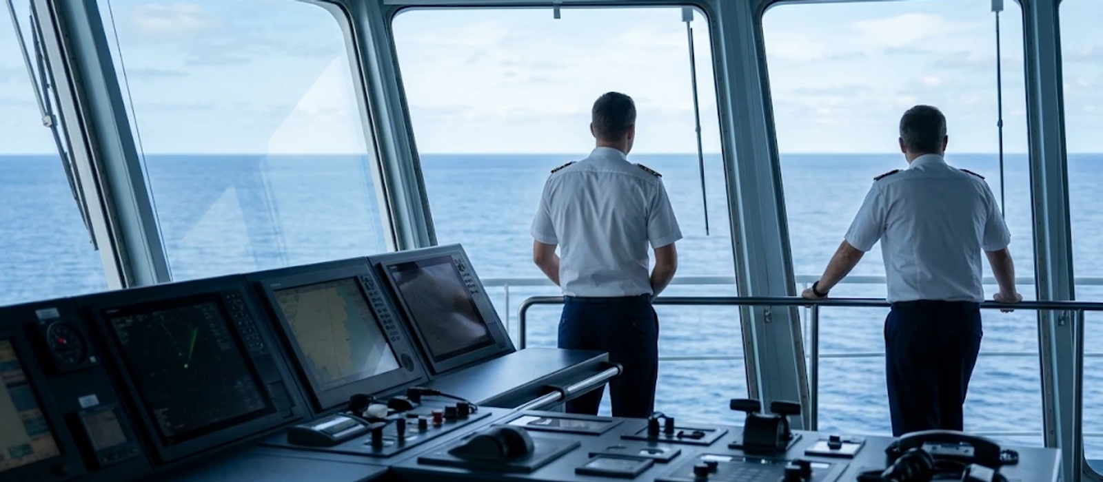 Two officers on the bridge looking out to sea