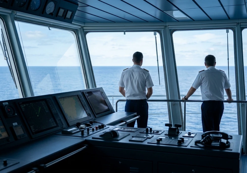 Two officers on the bridge looking out to sea
