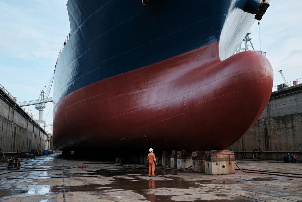 Ship hull and bow in dry dock
