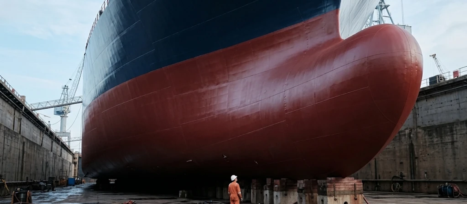 Ship hull and bow in dry dock