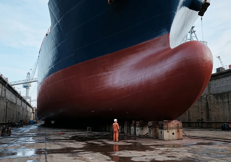 Ship hull and bow in dry dock