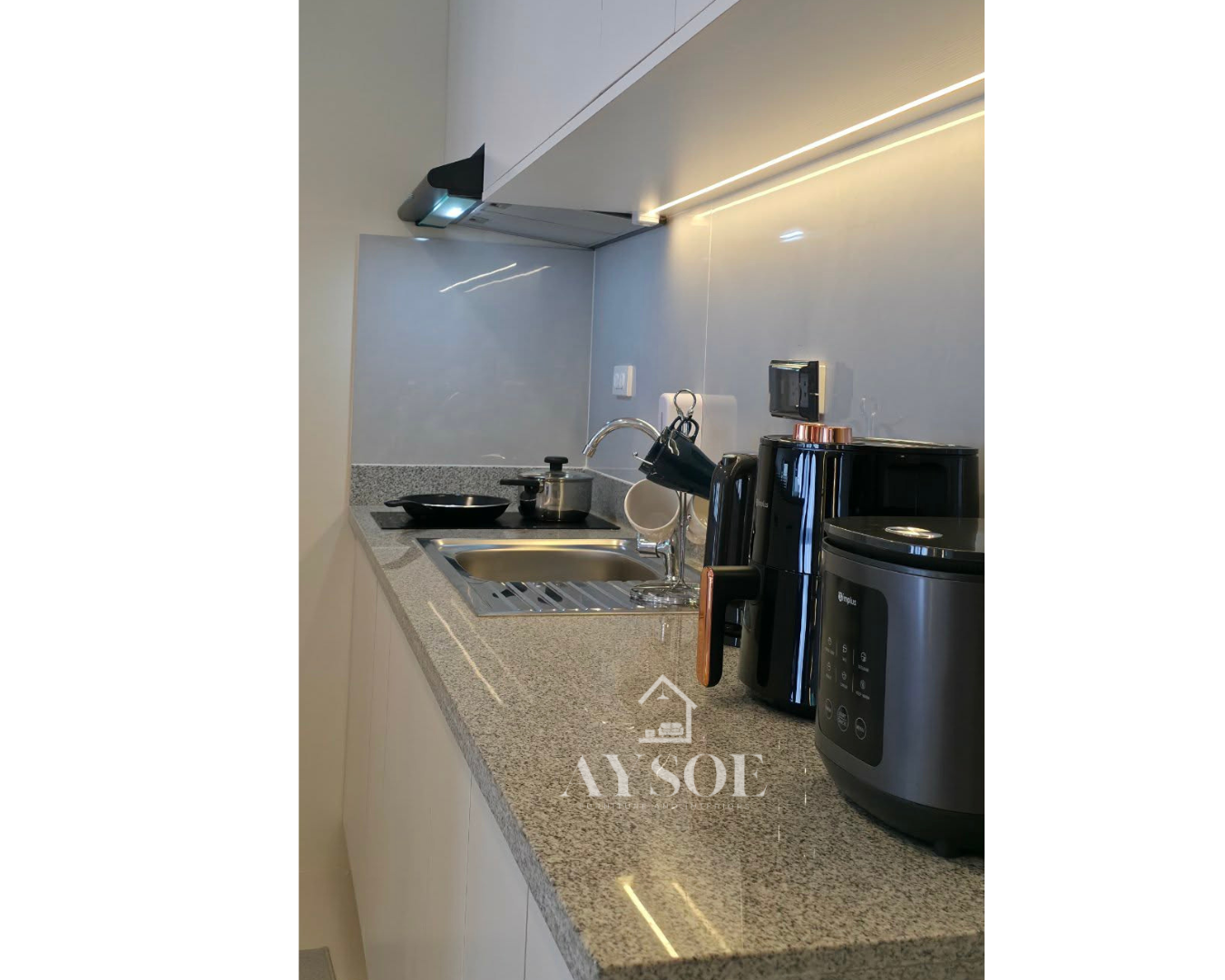 A complete custom condo set with a marble-look TV wall, floating vanity, mirror wardrobe, slim shoe cabinet, and bathroom mirror cabinet with shelves. Stylish, space-saving, and built to fit.