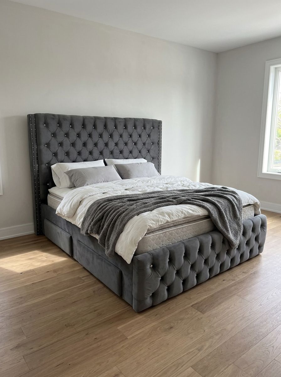 A glamorous bed in charcoal gray velvet-style fabric, with a tall wingback headboard, deep tufting set with sparkling crystal buttons, and nailhead trim. Four upholstered drawers give you built-in storage.