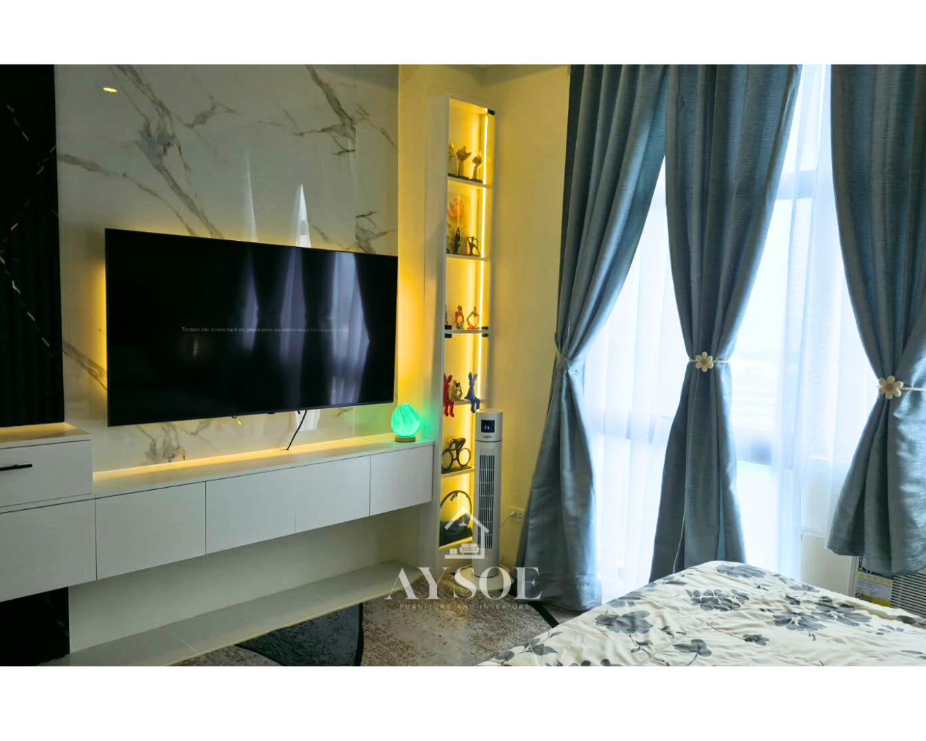A complete custom condo set with a marble-look TV wall, floating vanity, mirror wardrobe, slim shoe cabinet, and bathroom mirror cabinet with shelves. Stylish, space-saving, and built to fit.