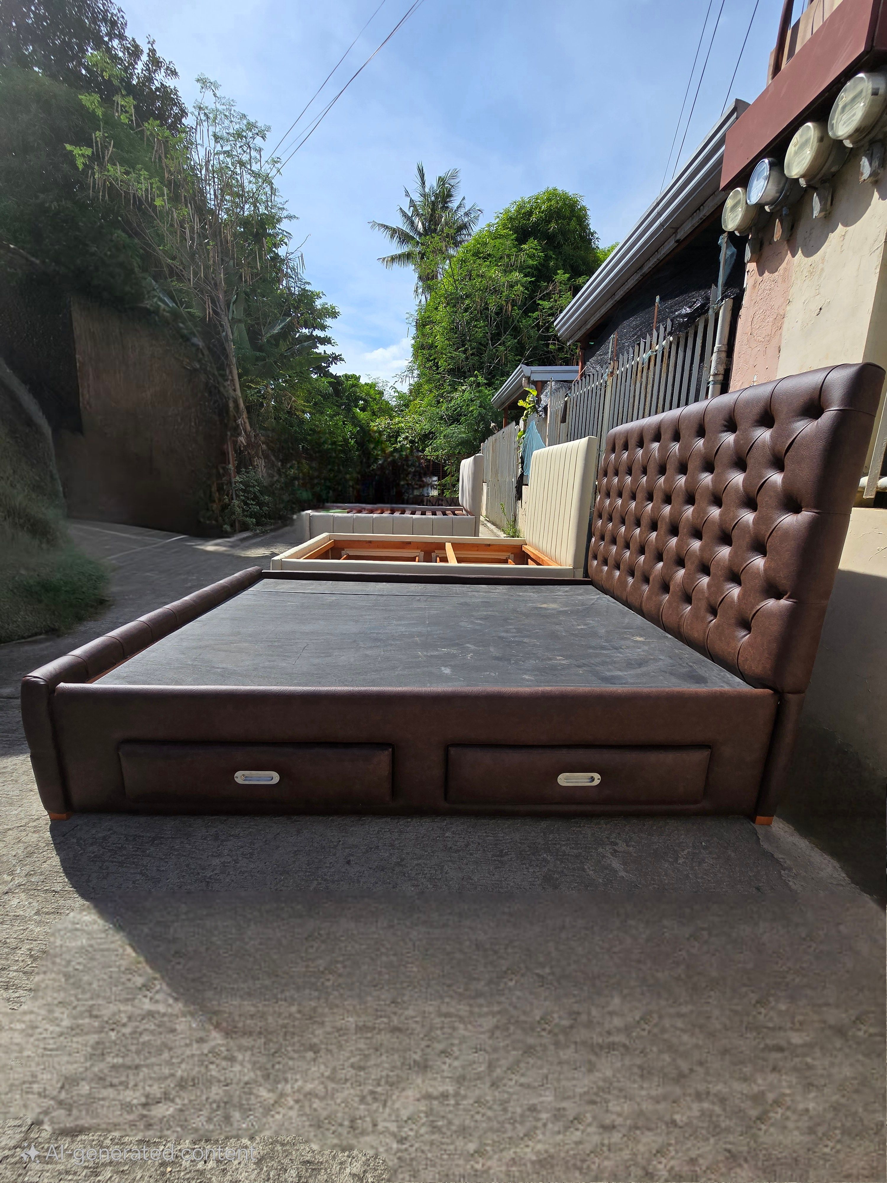 Chocolate Brown Tufted Leatherette Platform Bed with Side Drawers